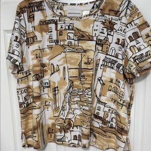 Alfred Dunner Beige and White Village Graphic scene EUC XL